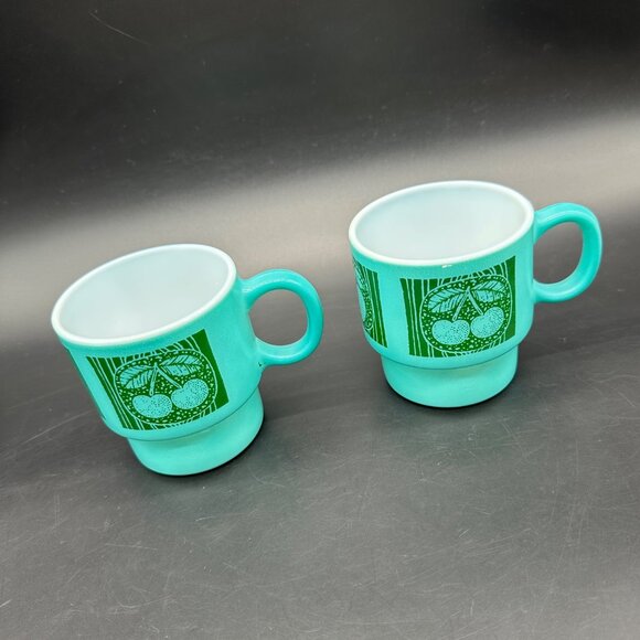 Vintage Milk Glass Mugs Hazel Atlas Teal Green Stacking Fruit Cherry Pear Apple - Picture 1 of 12